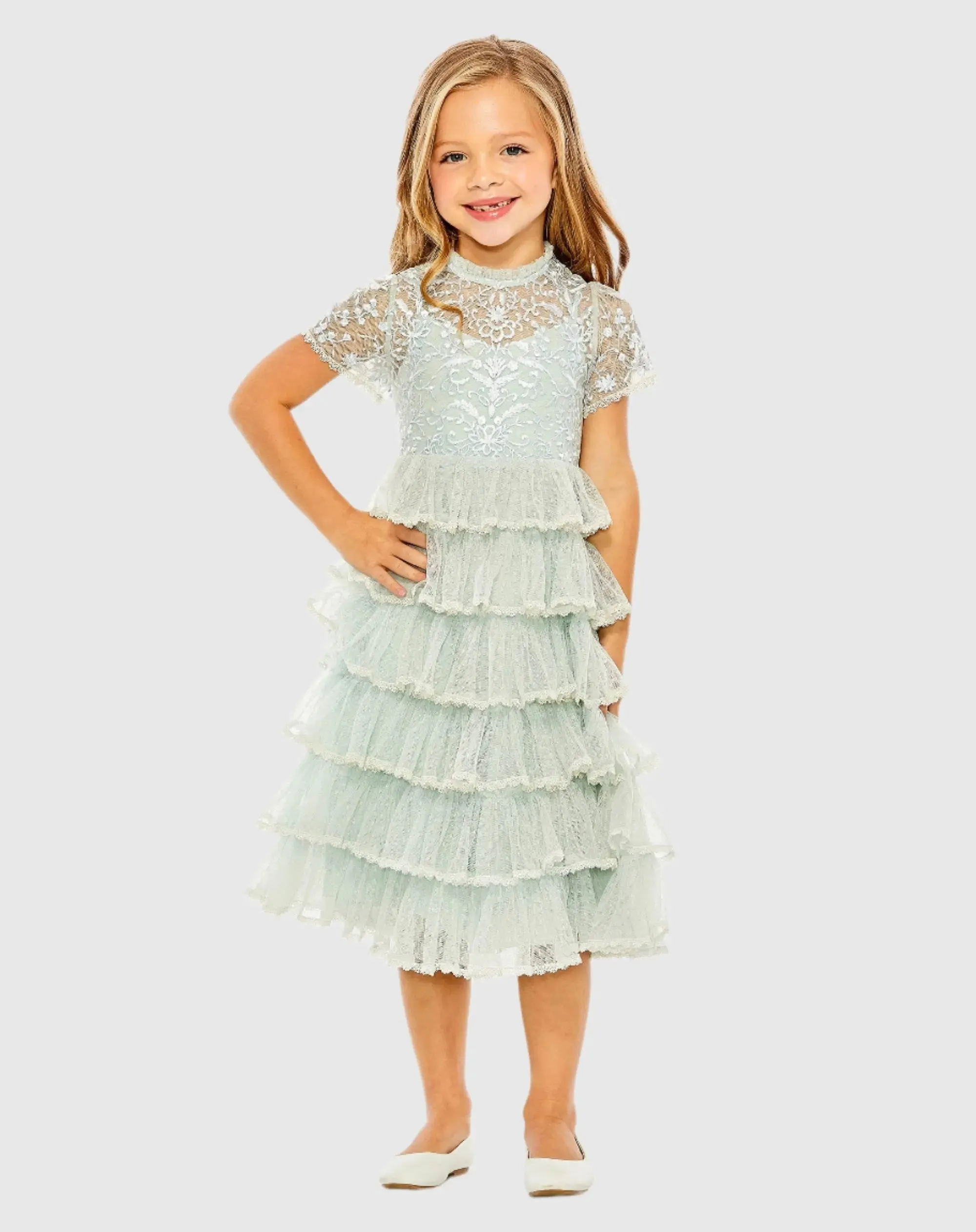 Blue Girls High Neck Embroidered Short Sleeve Dress sold by Mac Duggal