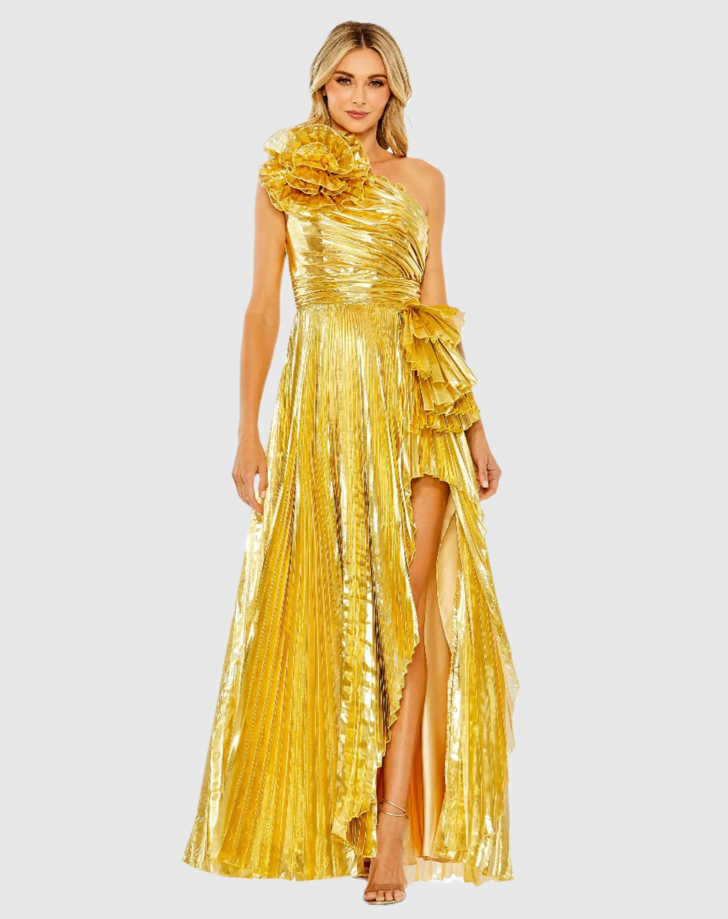 Gold One Shoulder Pleated Ruffle Gown with Slit sold by Mac Duggal