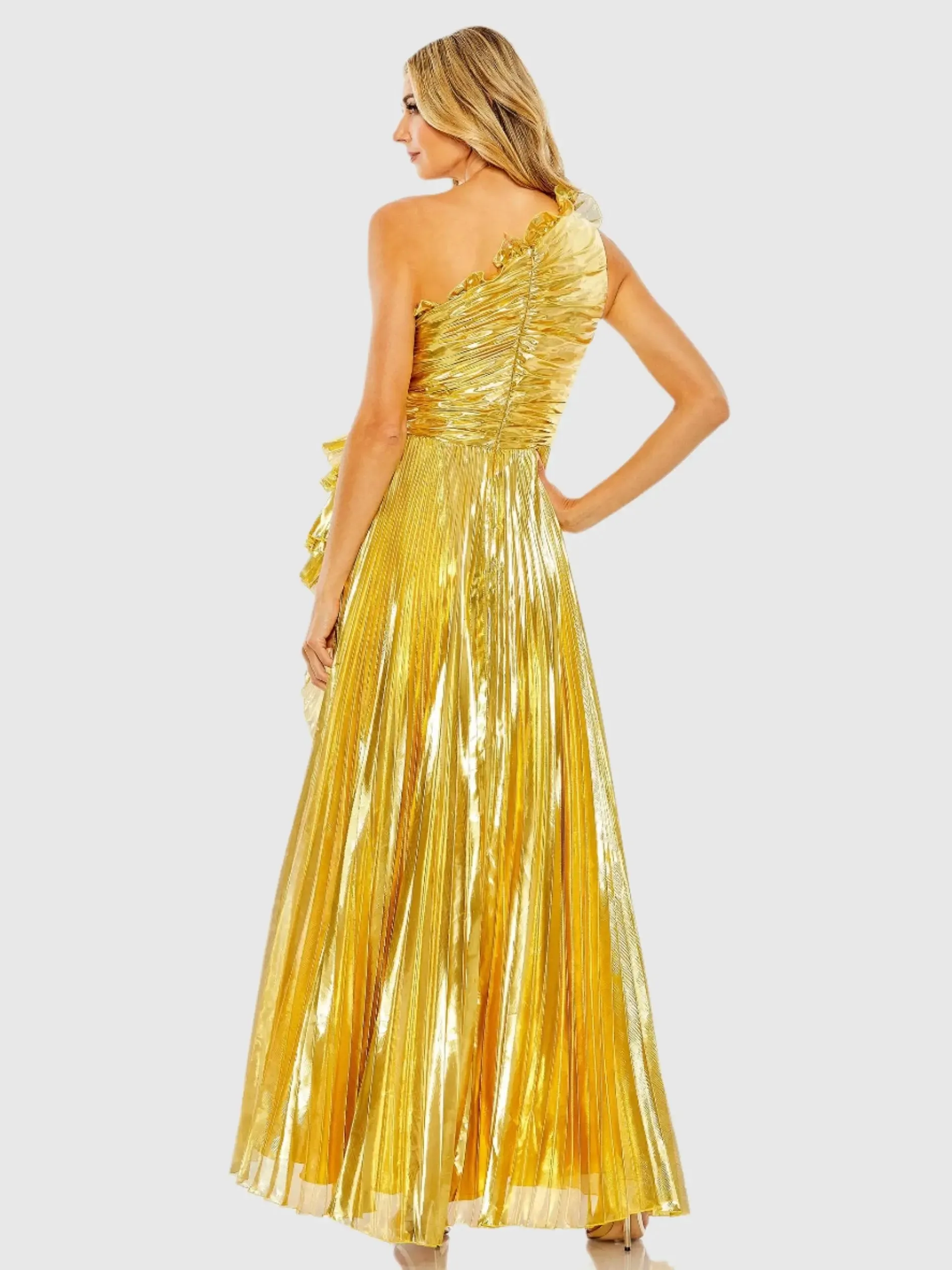 Gold One Shoulder Pleated Ruffle Gown with Slit sold by Mac Duggal product image thumbnail 2