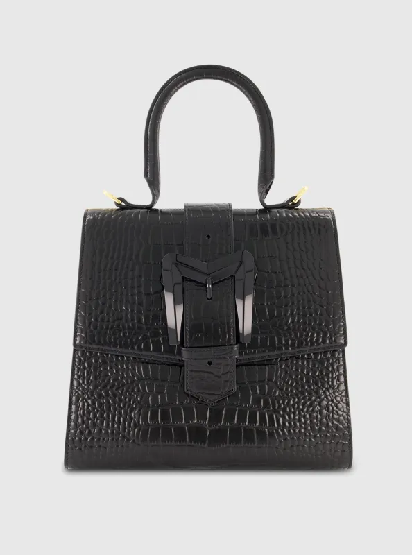 Buckled Medium Croco Leather Handbag with Detachable Strap sold by Mac Duggal