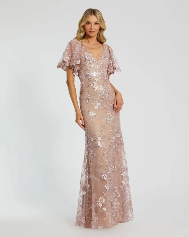 Pink Embellished Lace V Neck Butterfly Sleeve Gown sold by Mac Duggal