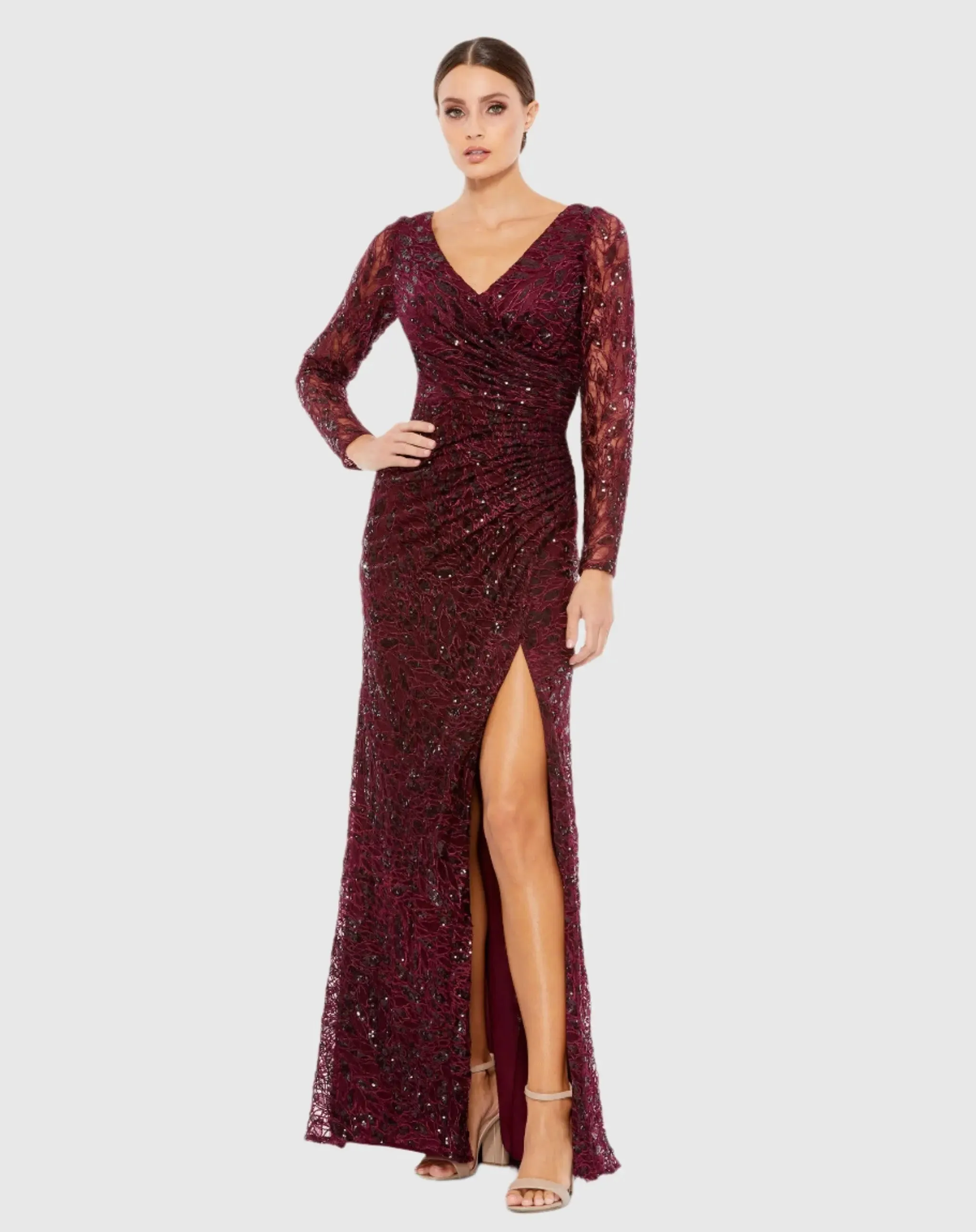 Long Sleeve Ruched Sequined V-Neck Gown sold by Mac Duggal product image thumbnail 2