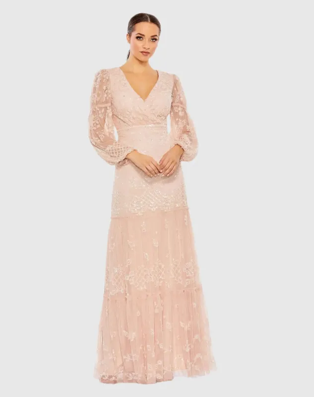 Sequined Tiered Wrap Over Puff Sleeve Gown sold by Mac Duggal