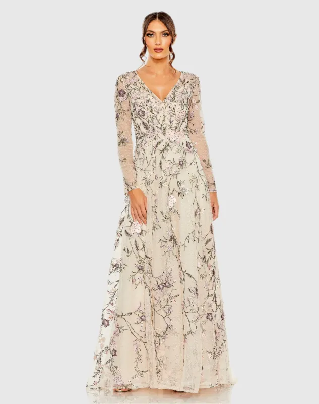 V Neck Long Sleeve Embroidered Gown sold by Mac Duggal