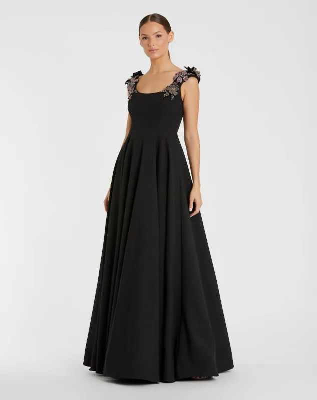Black Crepe Sleeveless Ballgown With Rhinestone Flowers sold by Mac Duggal