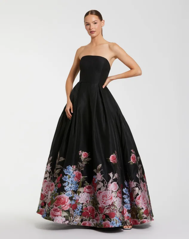 Black Strapless Floral Brocade Ballgown sold by Mac Duggal
