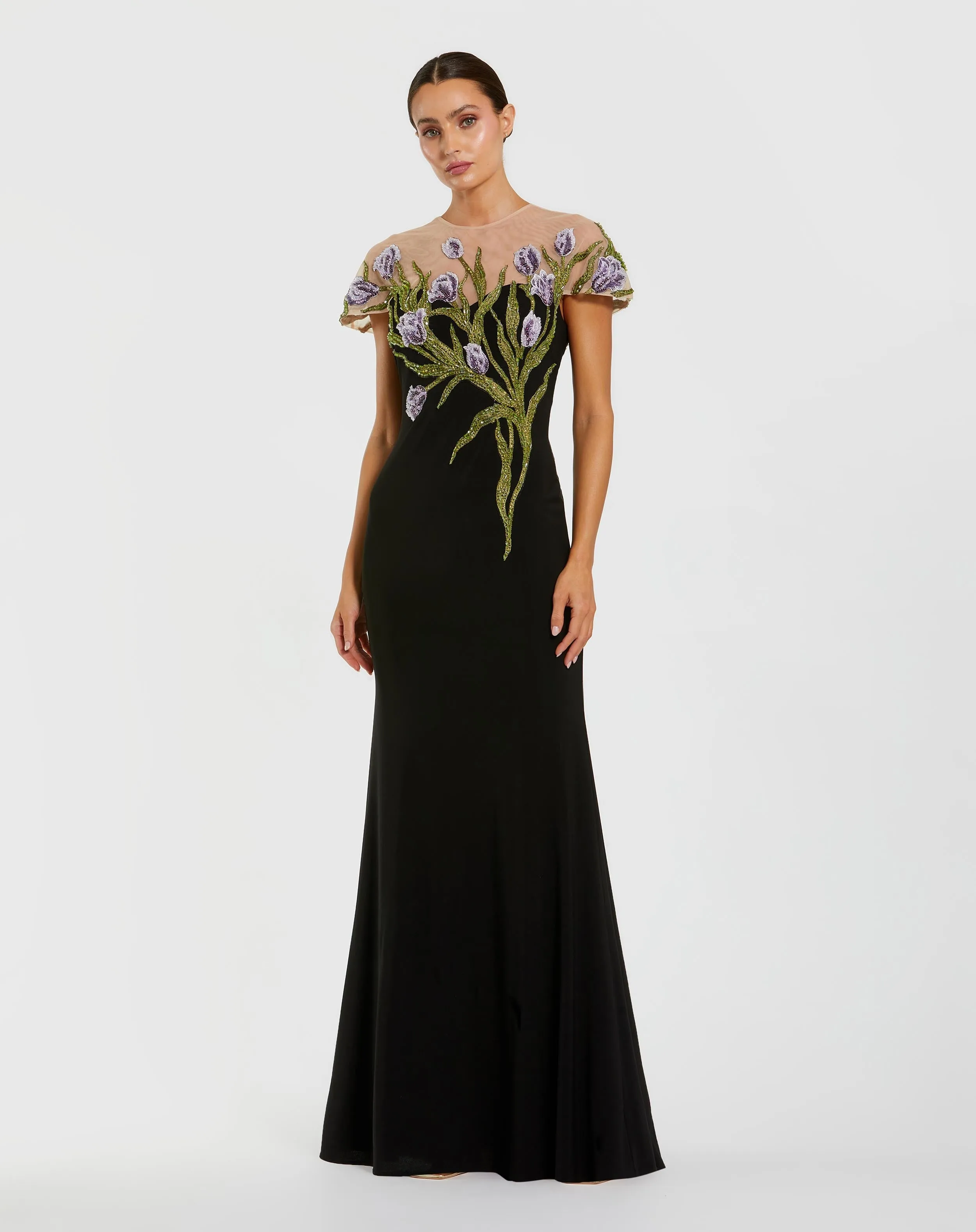 Black High Neck Floral Embroidered Jersey Gown sold by Mac Duggal