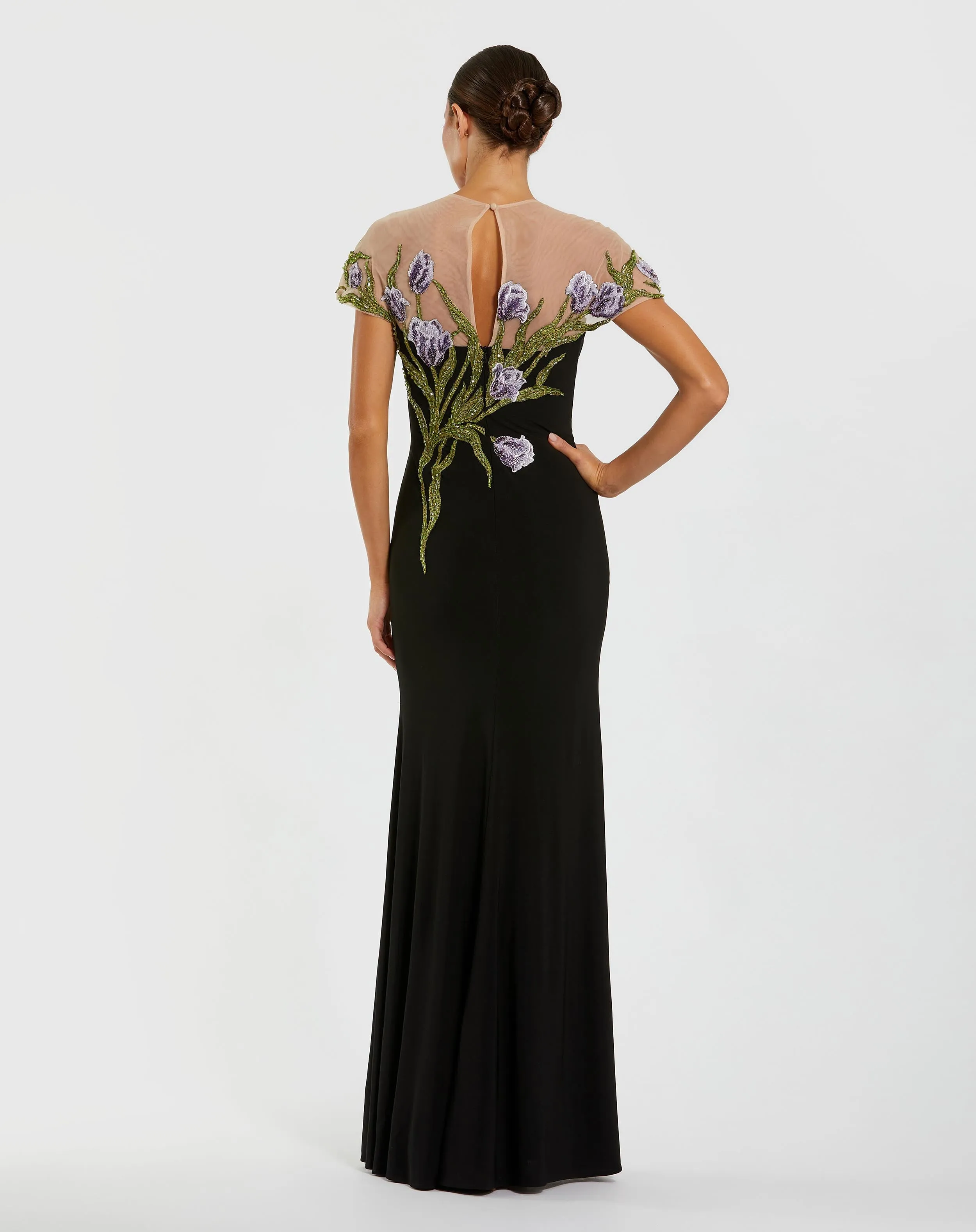 Black High Neck Floral Embroidered Jersey Gown sold by Mac Duggal product image thumbnail 3
