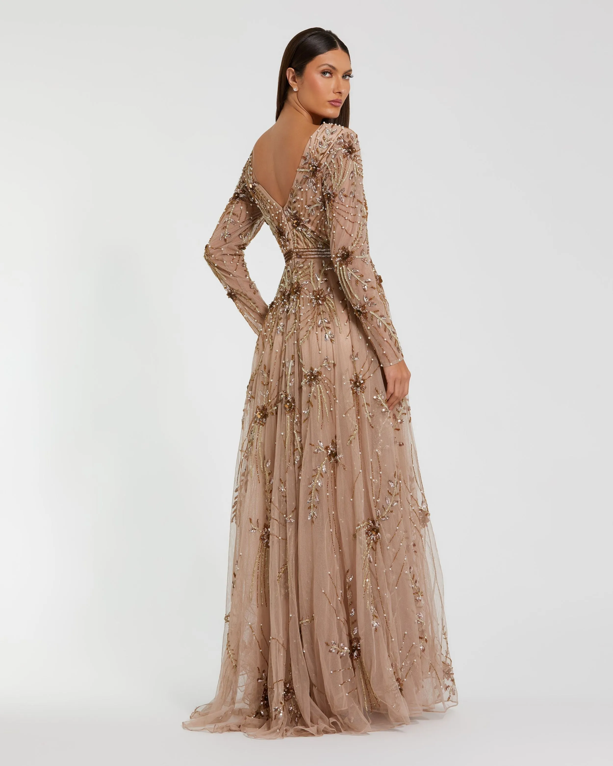 Beige Embellished Sheer Sleeve A-Line Gown sold by Mac Duggal product image thumbnail 3