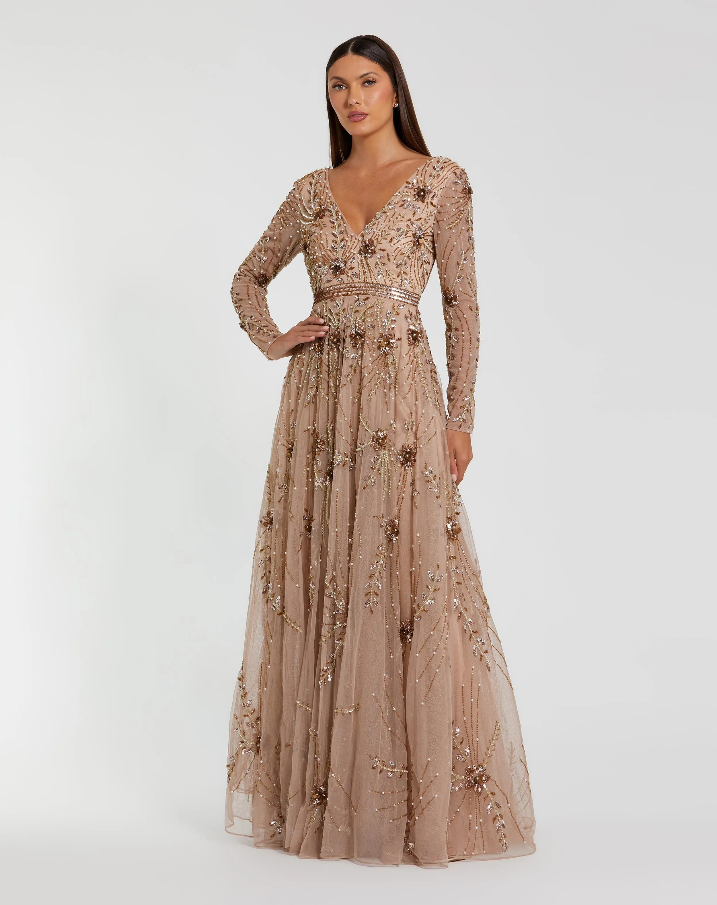 Beige Embellished Sheer Sleeve A-Line Gown sold by Mac Duggal