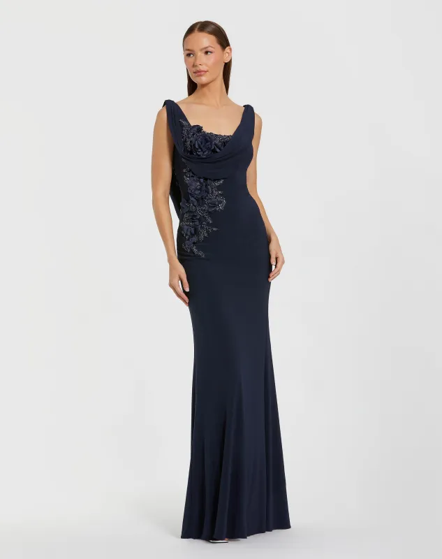Navy Sleeveless Jersey Cowl Neck Gown With Beading sold by Mac Duggal