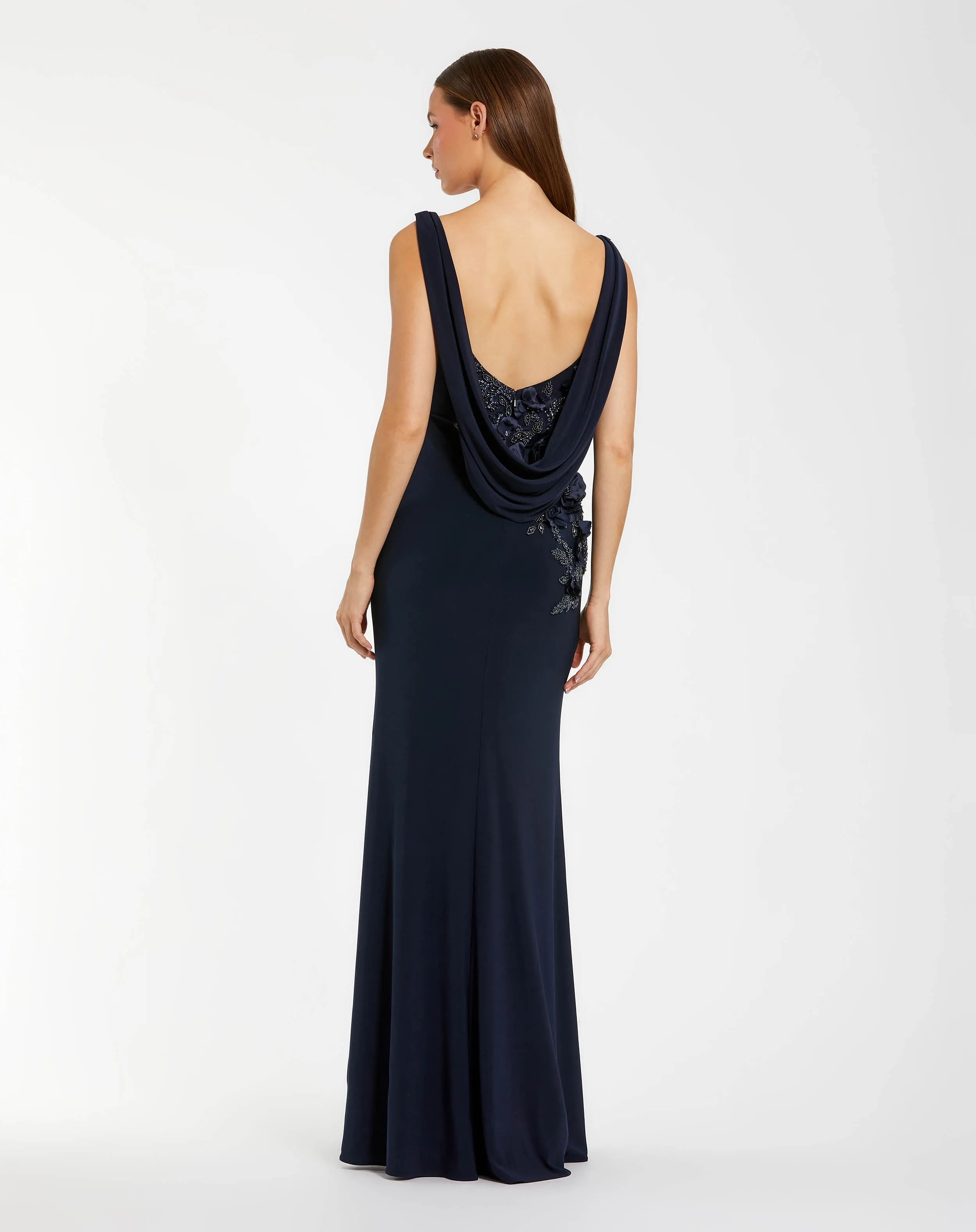 Navy Sleeveless Jersey Cowl Neck Gown With Beading sold by Mac Duggal product image thumbnail 3