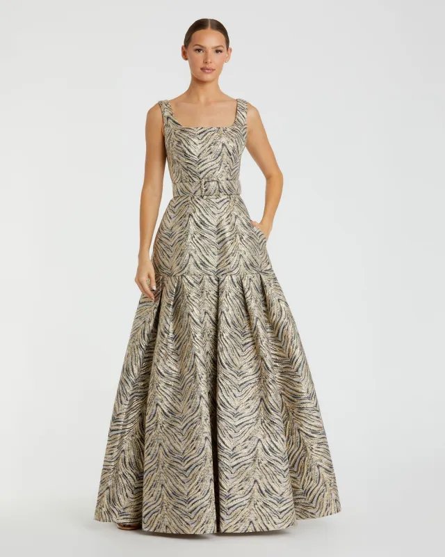 Gold Metallic Jacquard Gown with Square Neckline and Box Pleats sold by Mac Duggal