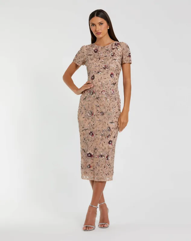 Beige Floral Embellished Short Sleeve Midi Dress sold by Mac Duggal
