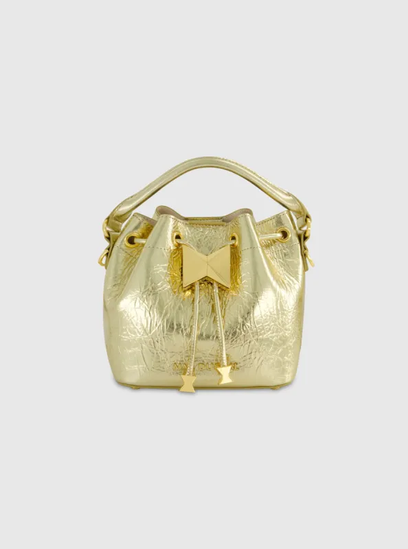 Crinkle Metallic Gold Leather Mini Bucket Bag with Detachable Strap sold by Mac Duggal