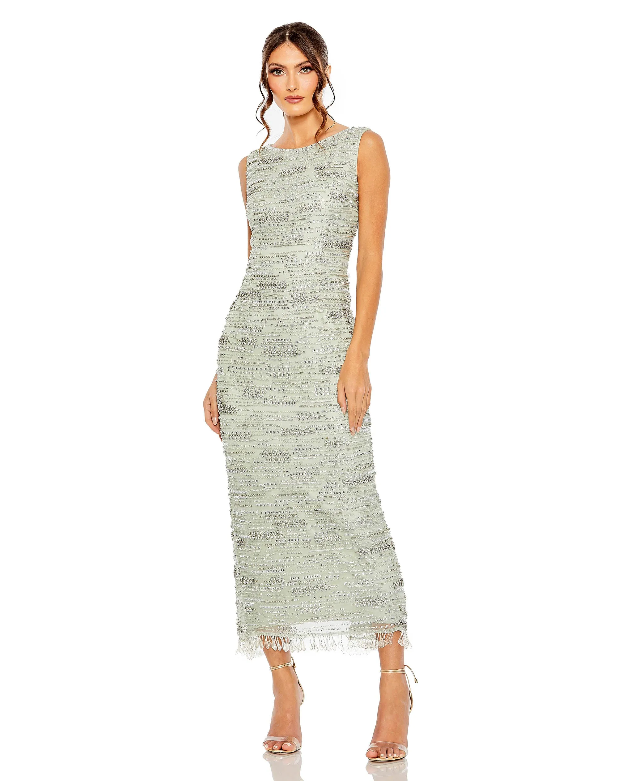 Green Sleeveless Crystal Fringe Column Dress sold by Mac Duggal