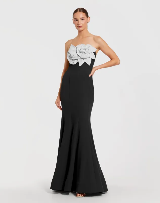 Black Strapless Crepe Mermaid Gown With 3D Flowers sold by Mac Duggal