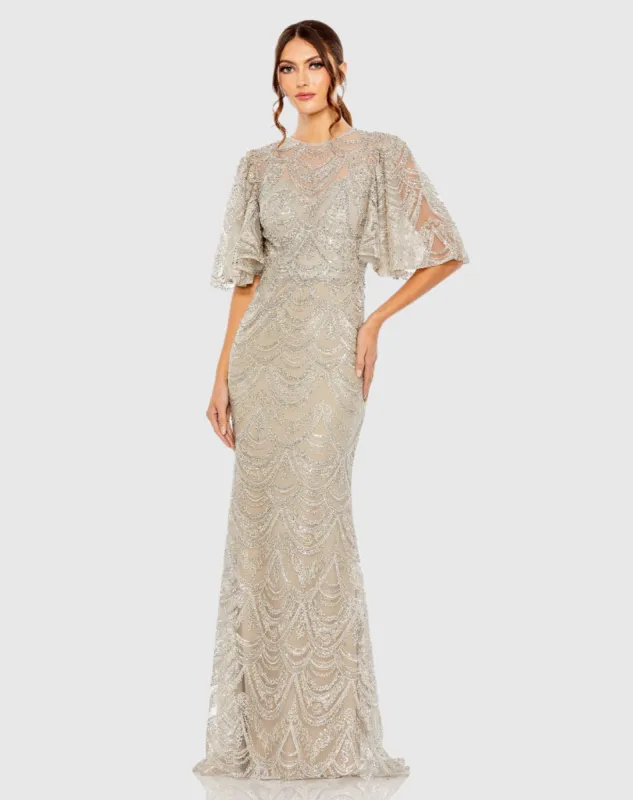 Beige and Silver Flutter Sleeve High Neck Gown sold by Mac Duggal