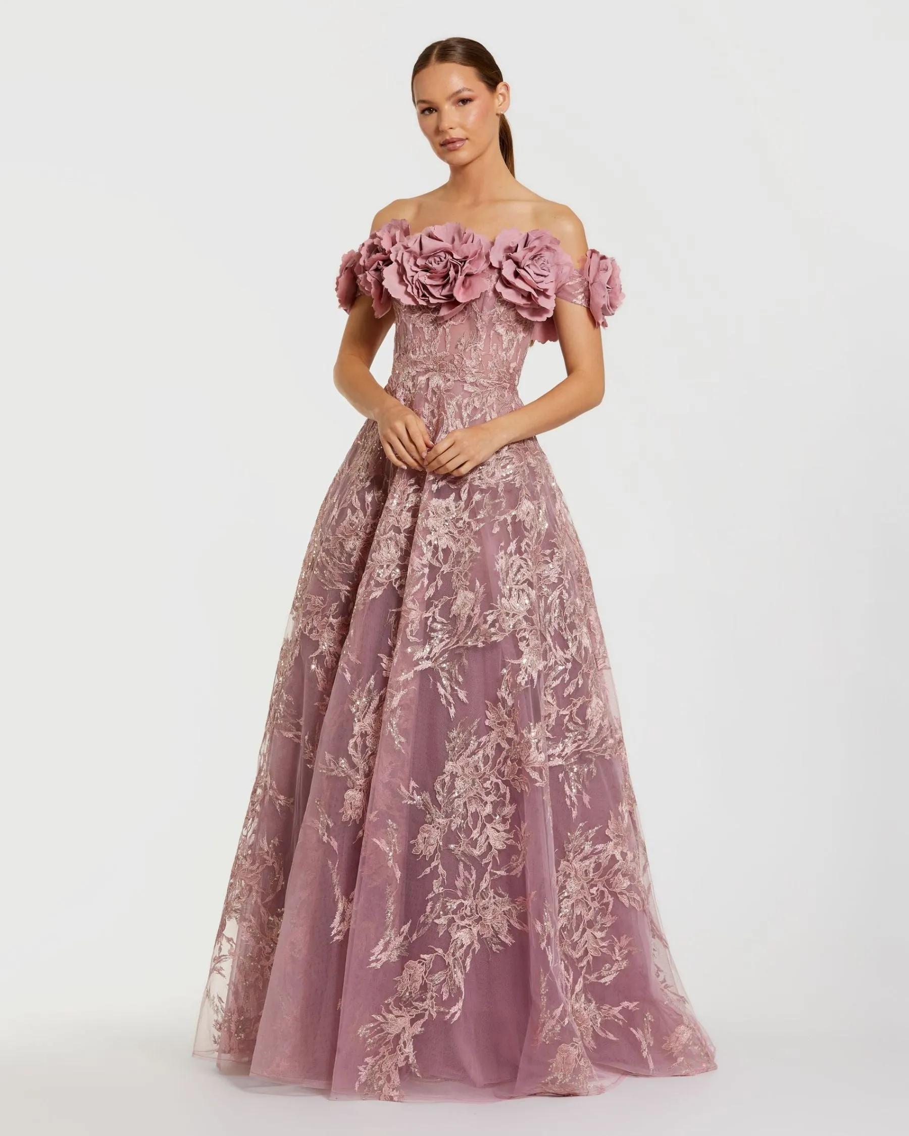 Purple Floral Embroidered Off The Shoulder A-line Gown sold by Mac Duggal