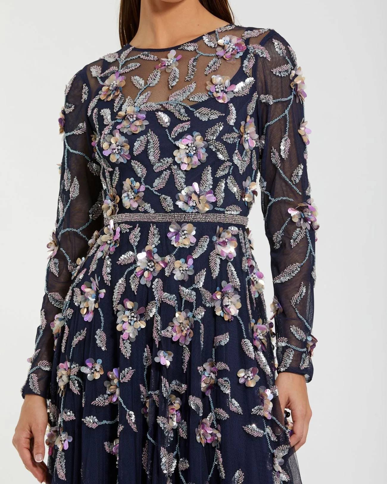 Navy Long Sleeve Floral Embellished Evening Gown sold by Mac Duggal product image thumbnail 2