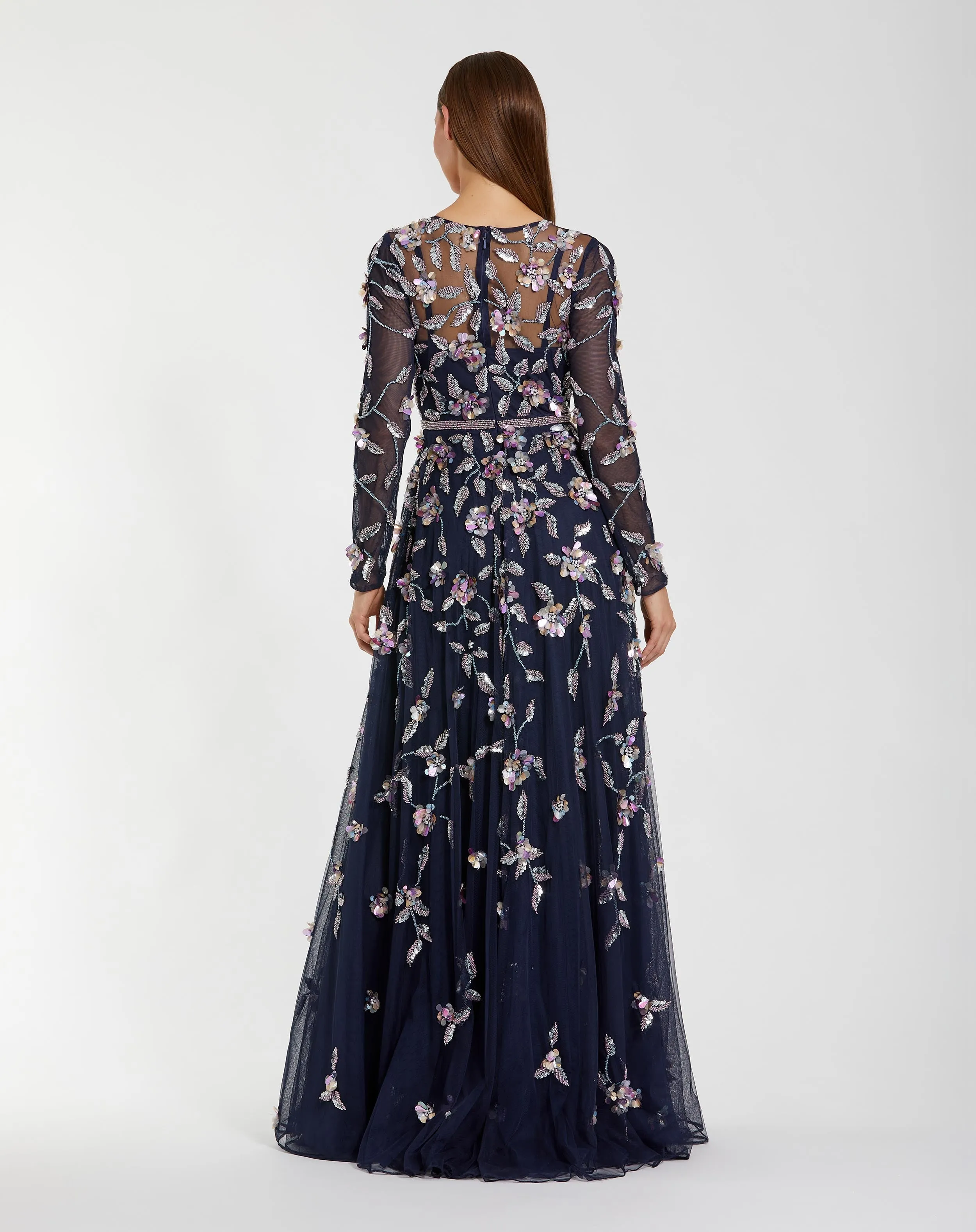 Navy Long Sleeve Floral Embellished Evening Gown sold by Mac Duggal product image thumbnail 3