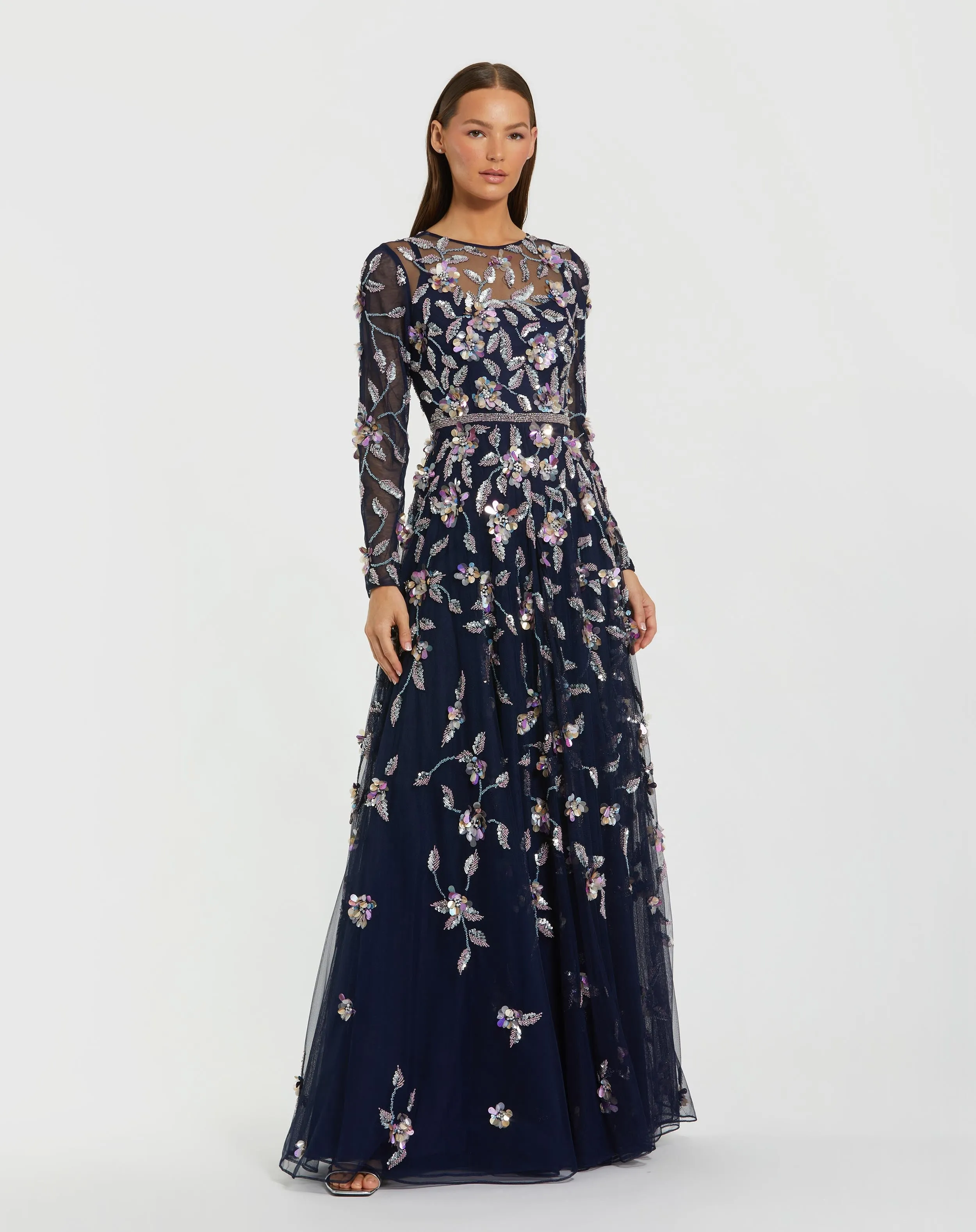 Navy Long Sleeve Floral Embellished Evening Gown sold by Mac Duggal