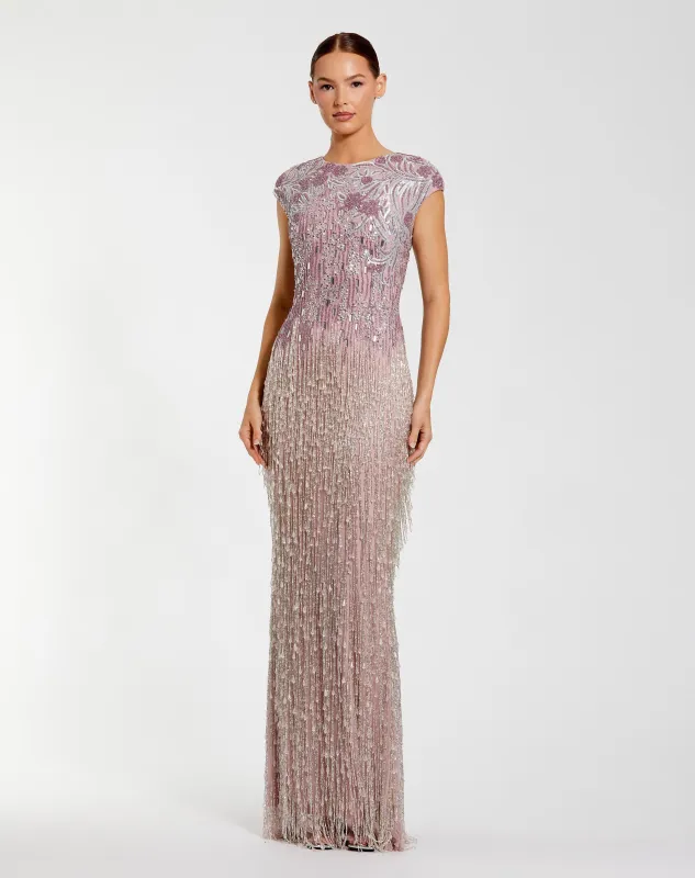 Purple Embellished Cap Sleeve Gown With Fringe Beading sold by Mac Duggal