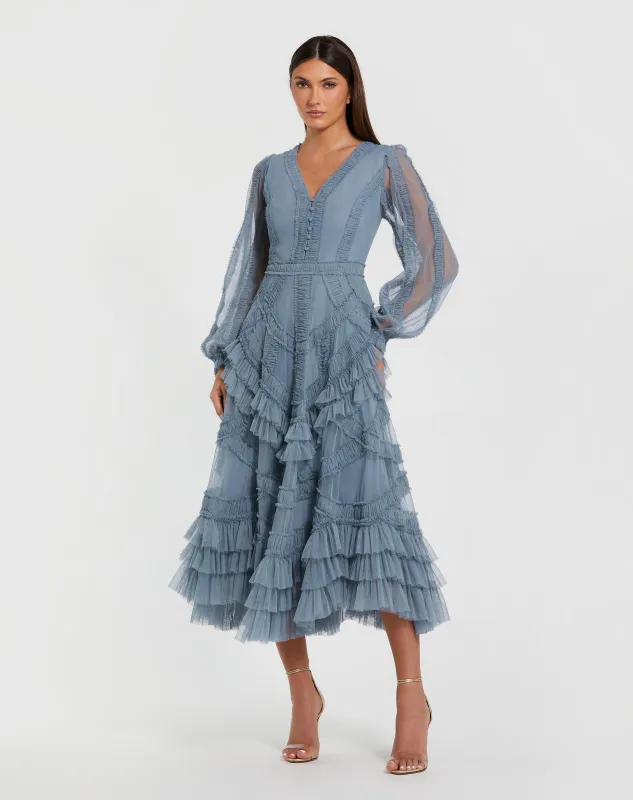 【Mac Duggal】Queen Anne パフスリーブ Aライン ドレス Pink Queen Anne Puff Sleeve A-Line Gown | Mac Duggal