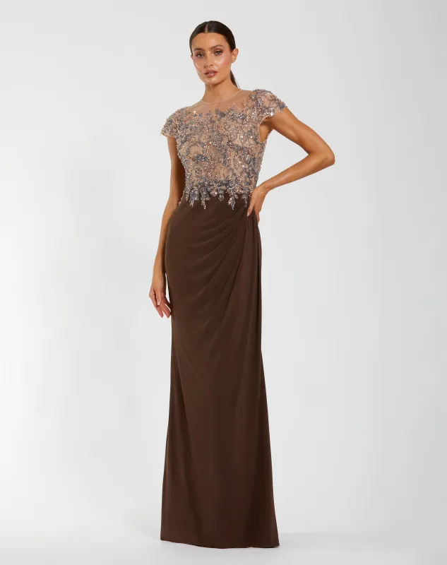 Brown Crystal Applique Embellished Jersey Gown sold by Mac Duggal