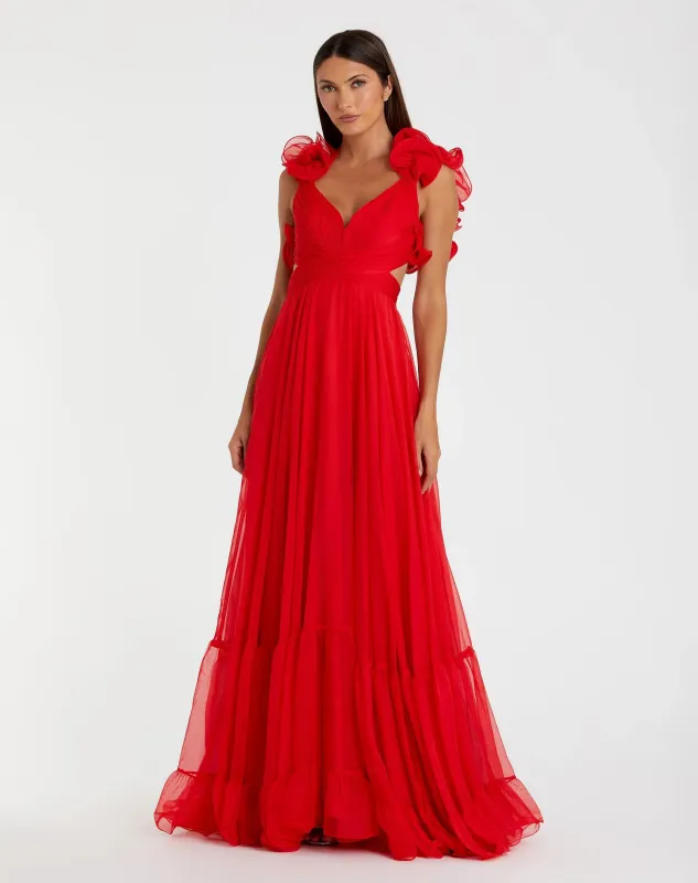 Red Ruffle Tiered Cut-Out Chiffon Gown - FINAL SALE sold by Mac Duggal