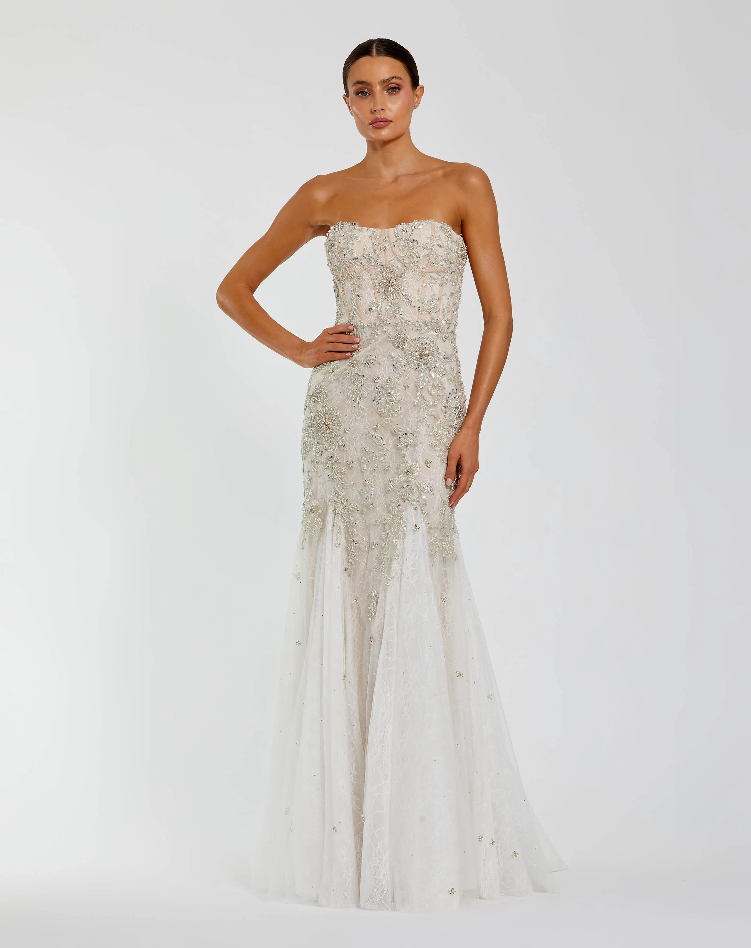 Ivory Strapless Net Floral Embellished Mermaid Gown | One of a Kind | Sz. 0 sold by Mac Duggal