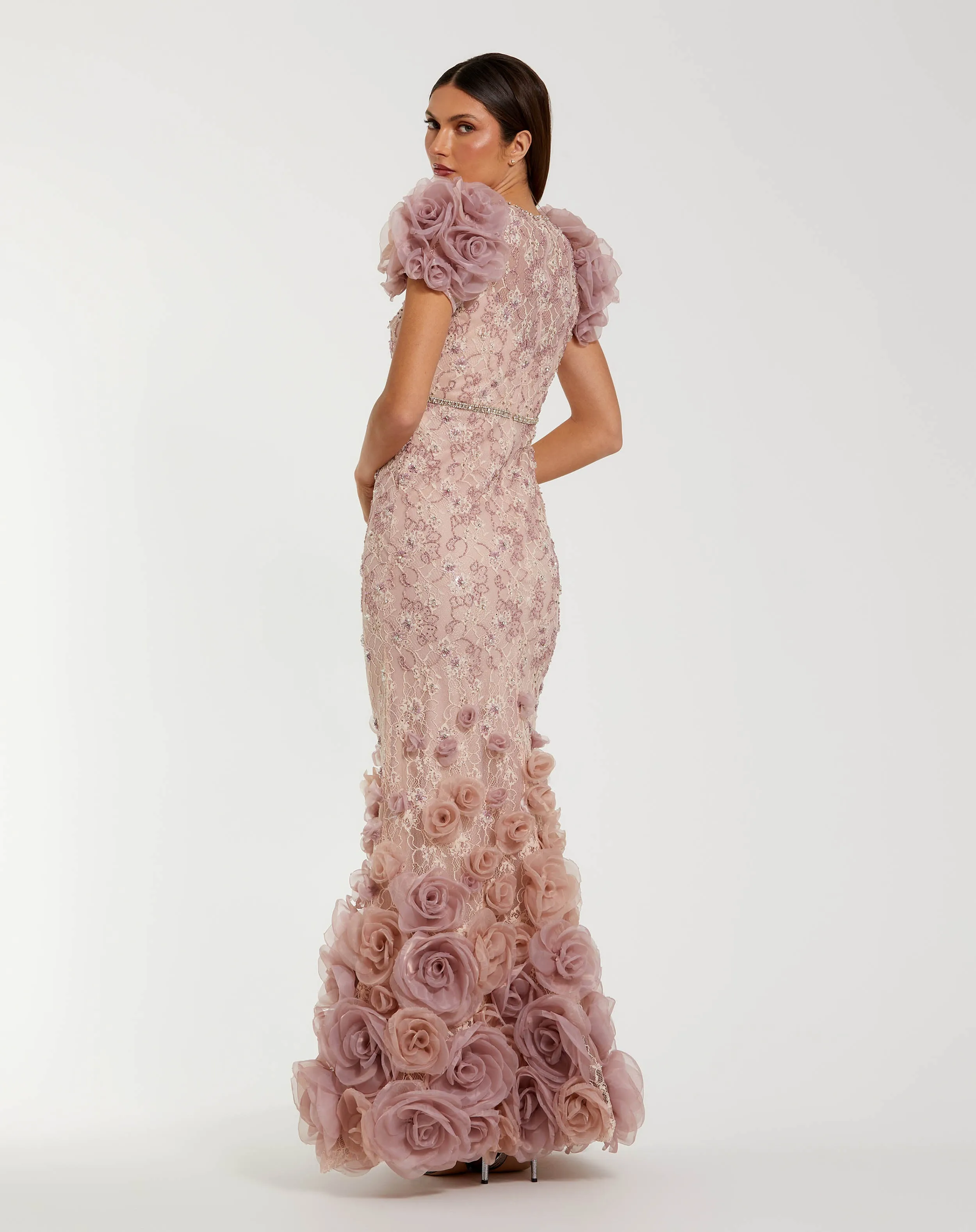 Pink Embellished Lace Cap Sleeve Gown With 3D Flowers | One of a Kind | Sz. 2 sold by Mac Duggal product image thumbnail 3