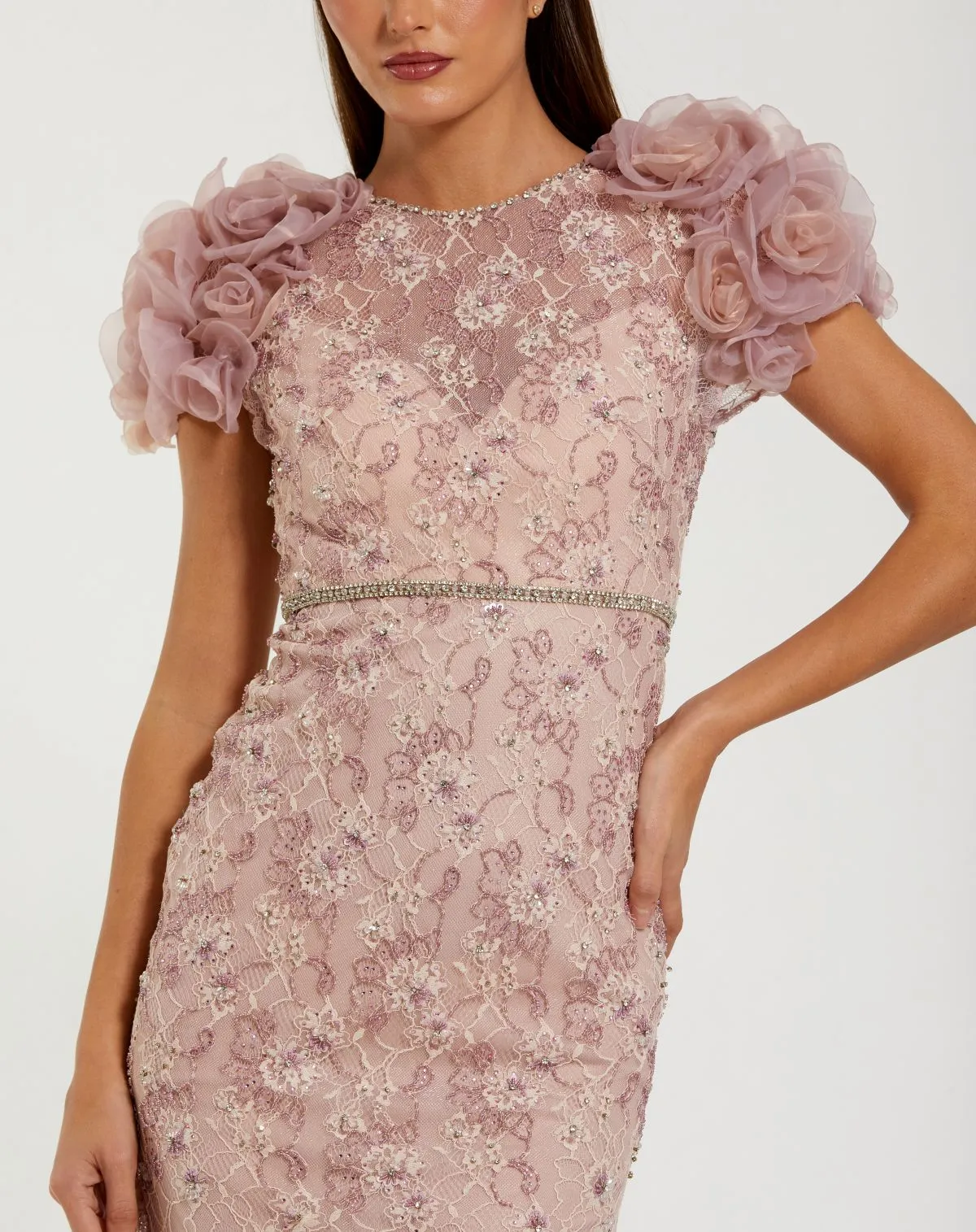 Pink Embellished Lace Cap Sleeve Gown With 3D Flowers | One of a Kind | Sz. 2 sold by Mac Duggal product image thumbnail 2