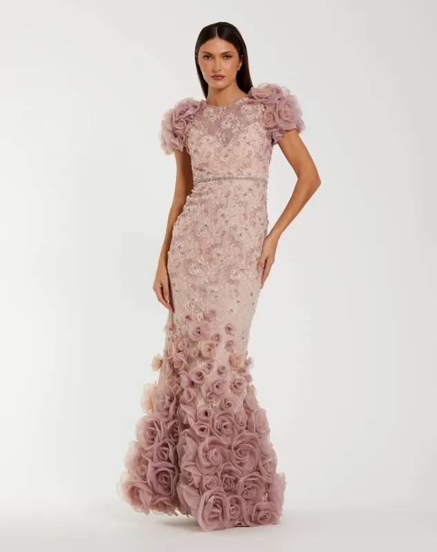 Pink Embellished Lace Cap Sleeve Gown With 3D Flowers | One of a Kind | Sz. 2 sold by Mac Duggal