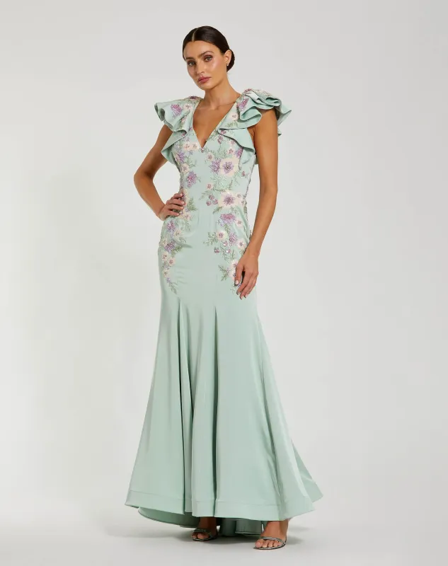 Green Flutter Sleeve Embellished Mermaid Gown | One of a Kind | Sz. 2 sold by Mac Duggal