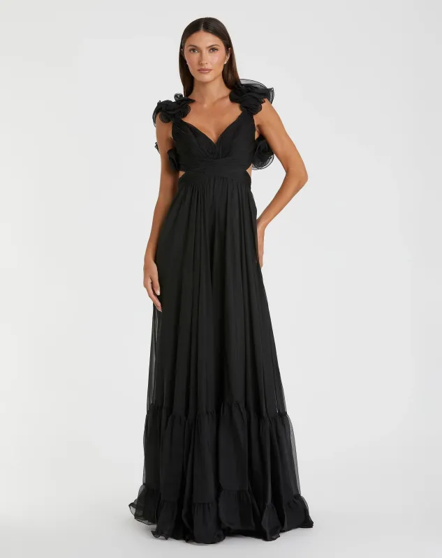 Black Ruffle Tiered Cut-Out Chiffon Gown sold by Mac Duggal