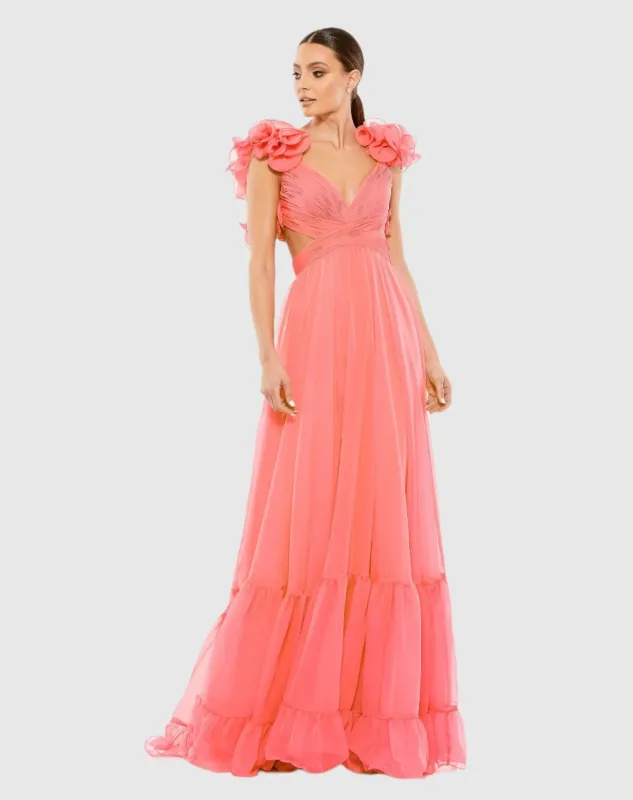 Pink Ruffle Tiered Cut-Out Chiffon Gown sold by Mac Duggal