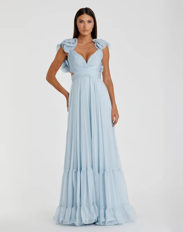 Light Blue Ruffle Tiered Cut-Out Chiffon Gown sold by Mac Duggal