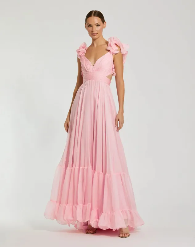 Pink Ruffle Tiered Cut-Out Chiffon Gown sold by Mac Duggal