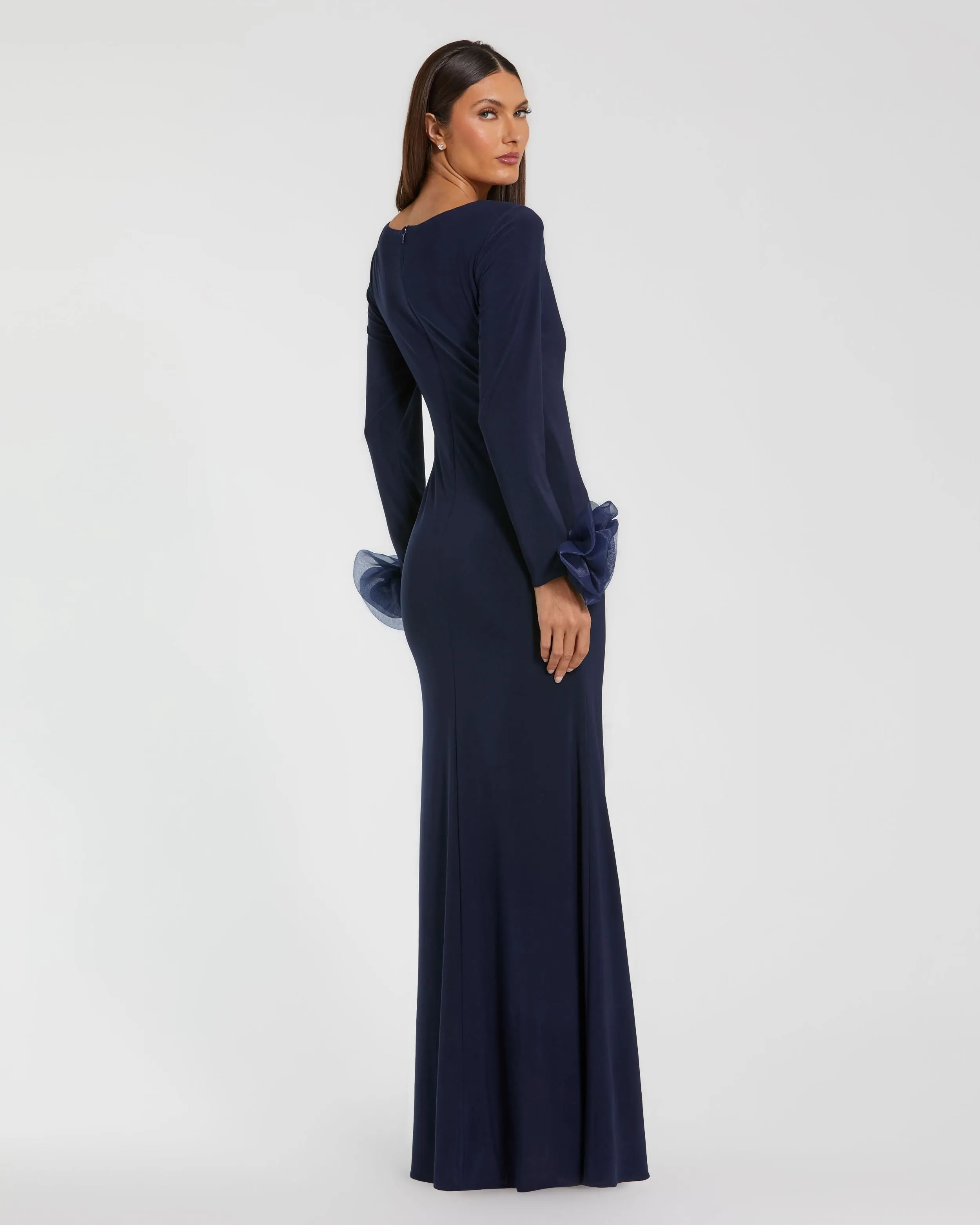 Navy Long Sleeve Fitted Jersey Gown With 3D Flowers sold by Mac Duggal product image thumbnail 3