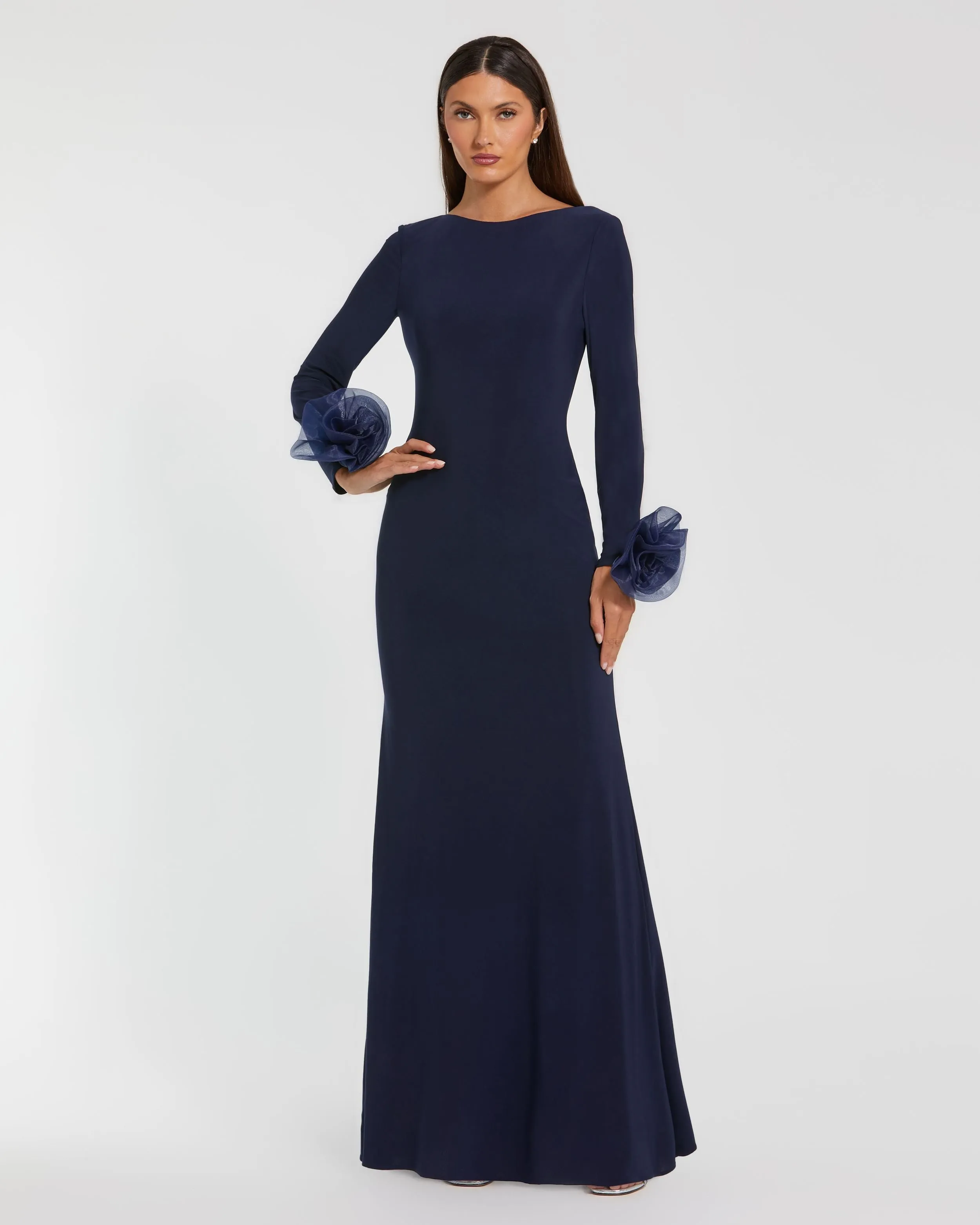 Navy Long Sleeve Fitted Jersey Gown With 3D Flowers sold by Mac Duggal