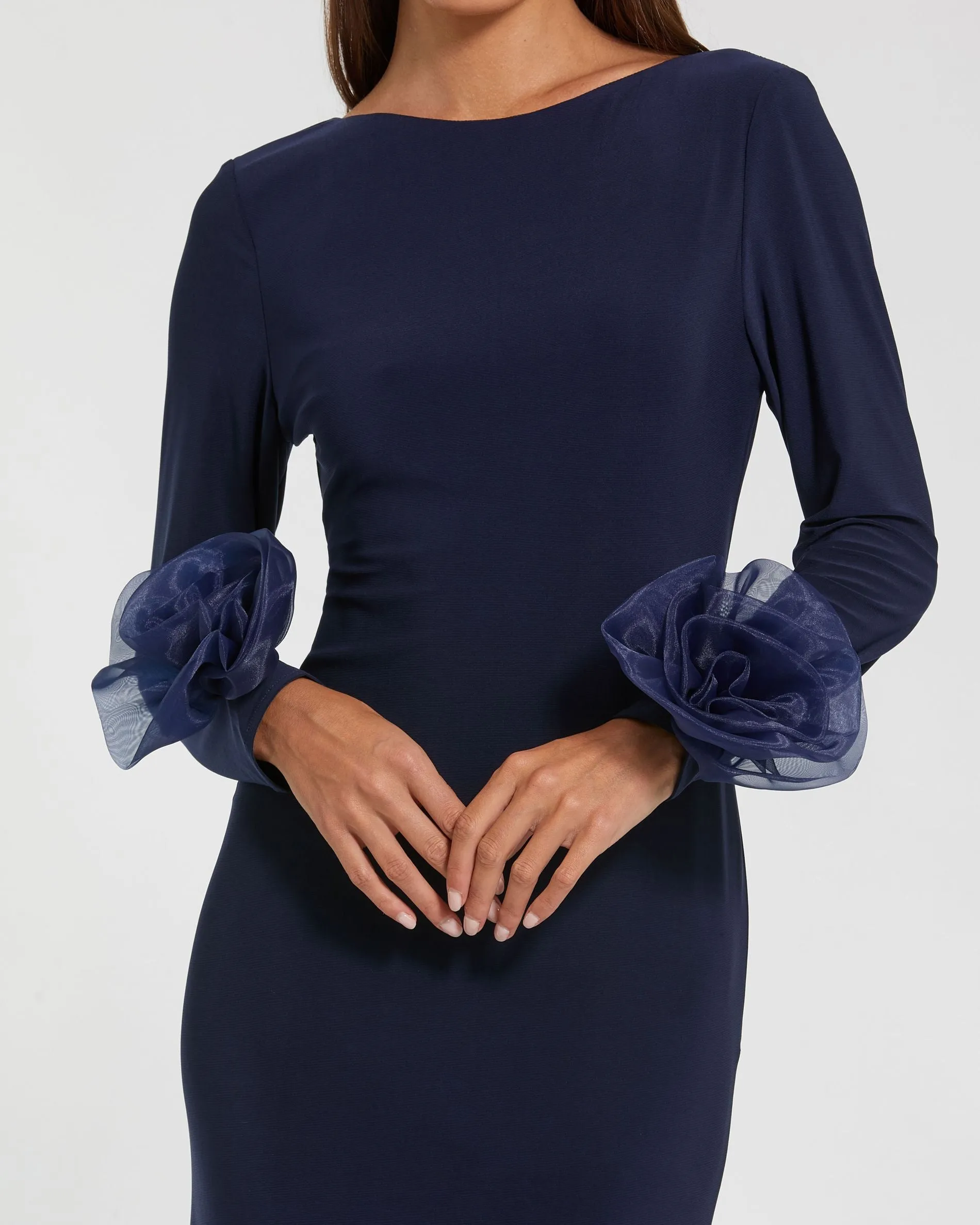 Navy Long Sleeve Fitted Jersey Gown With 3D Flowers sold by Mac Duggal product image thumbnail 2