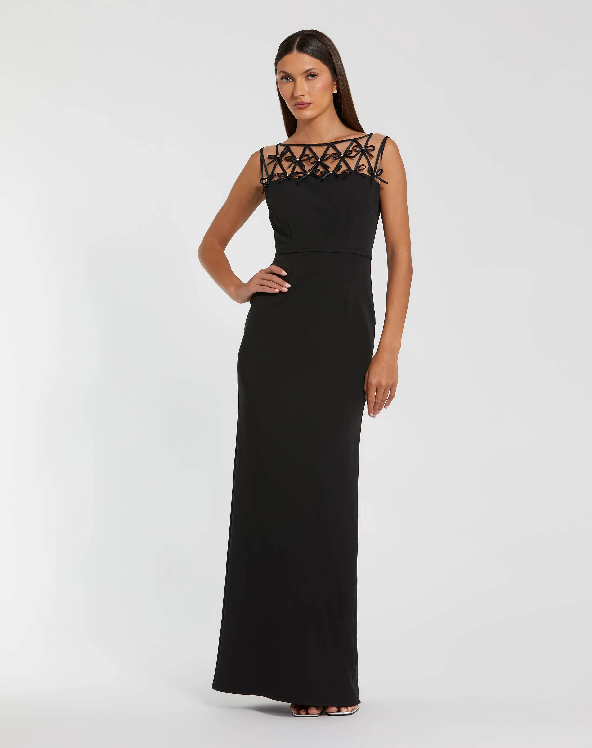 Black Sleeveless Crepe Gown With Embellished Bows sold by Mac Duggal