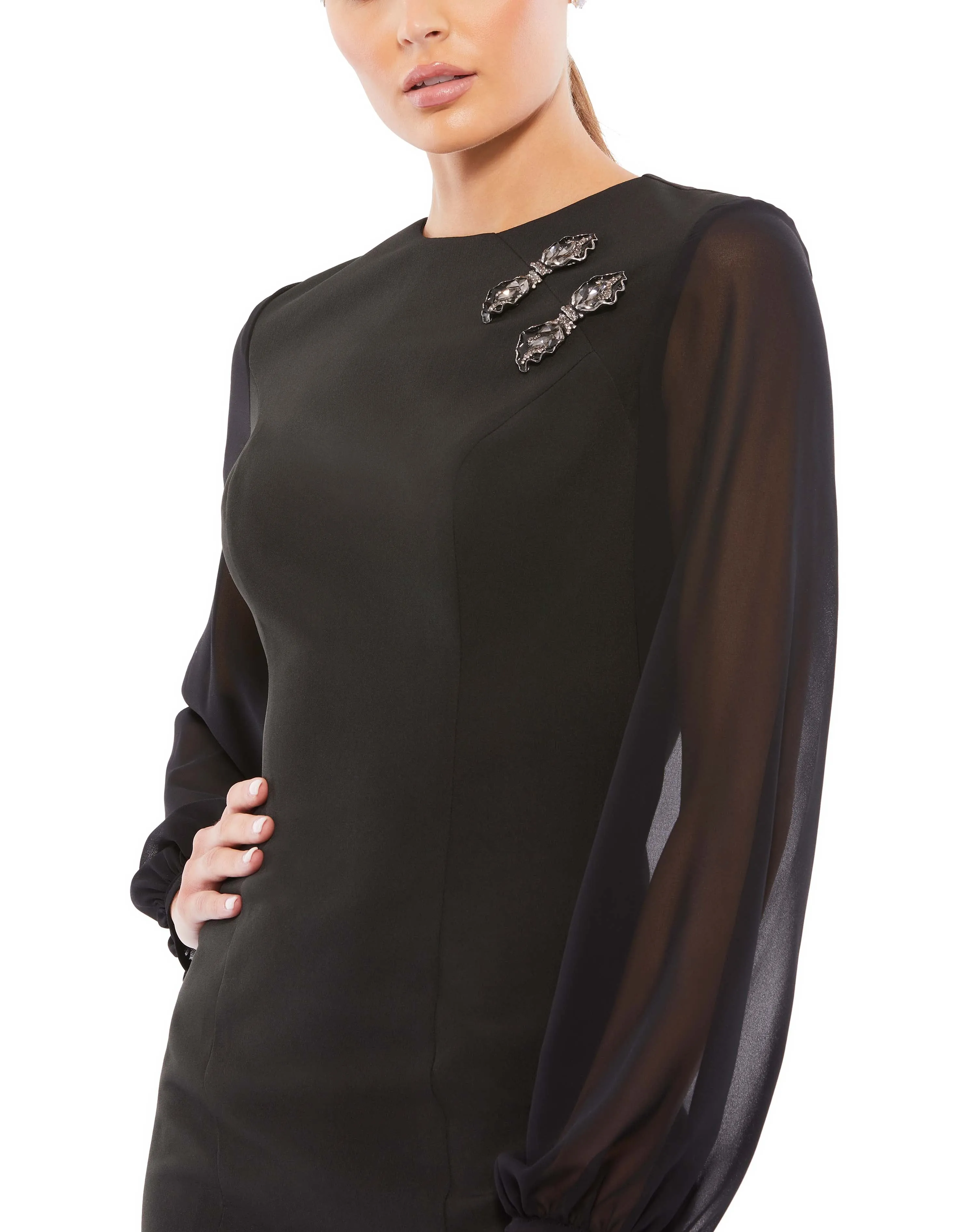 Black Chiffon Bishop Sleeve Mini Dress sold by Mac Duggal product image thumbnail 2