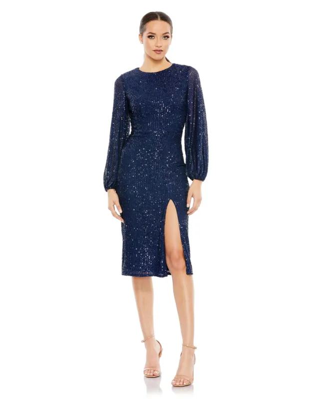 Navy Sequined Puff Sleeve High Neck Dress sold by Mac Duggal