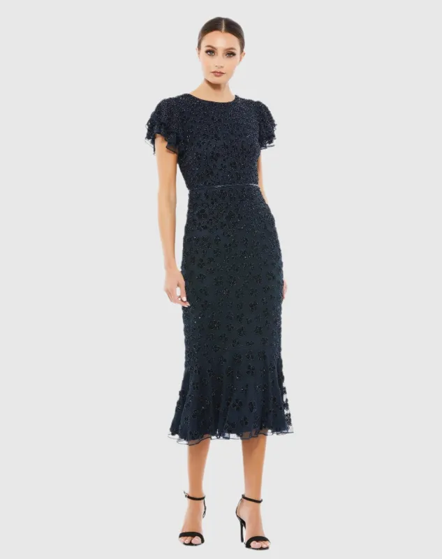 Hand Beaded Flounce Sleeve Midi Dress (Rue Gilt) sold by Mac Duggal