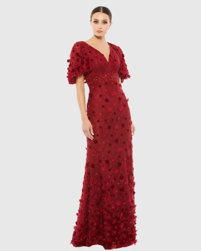 Burgundy Short Sleeve V-neck Embellished Lace Gown sold by Mac Duggal