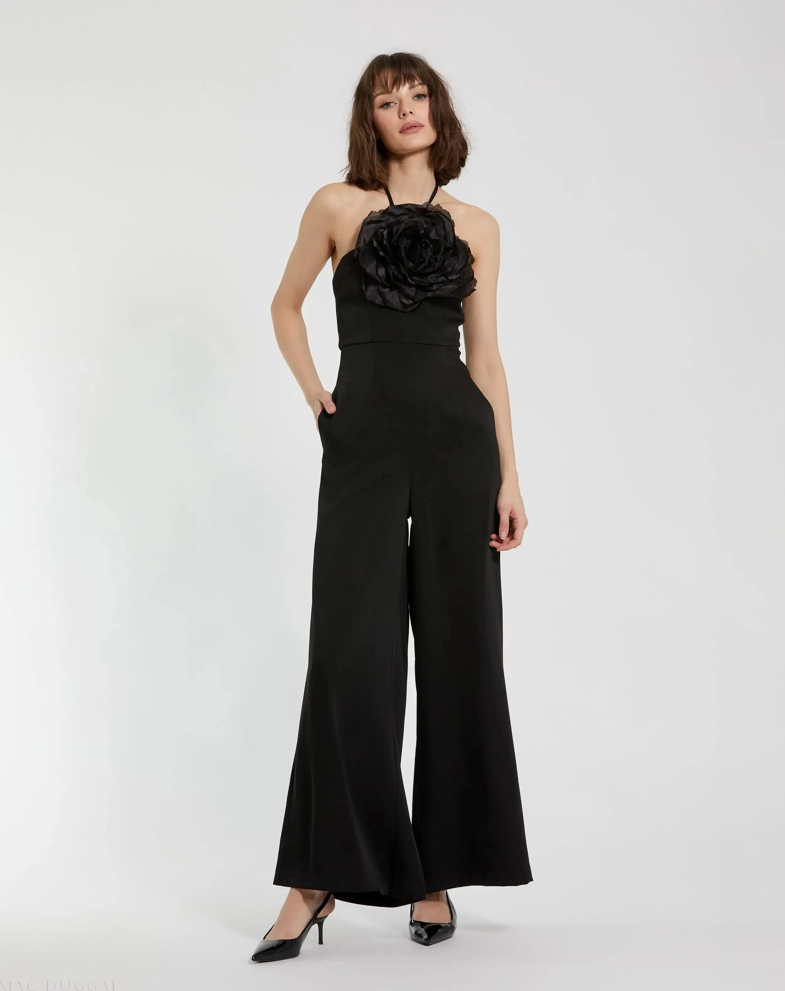 Halter Neck Crepe Jumpsuit With Flower sold by Mac Duggal
