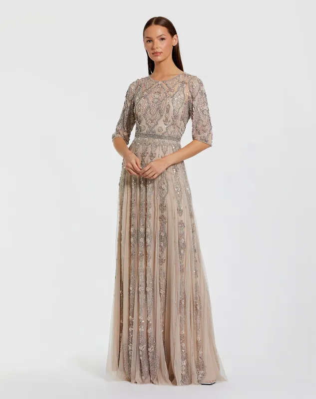 Beige 3/4 Sleeve Embellished A-line Gown sold by Mac Duggal