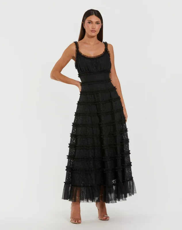 Black Sleeveless Lace A Line Midi Dress With Ruffles sold by Mac Duggal